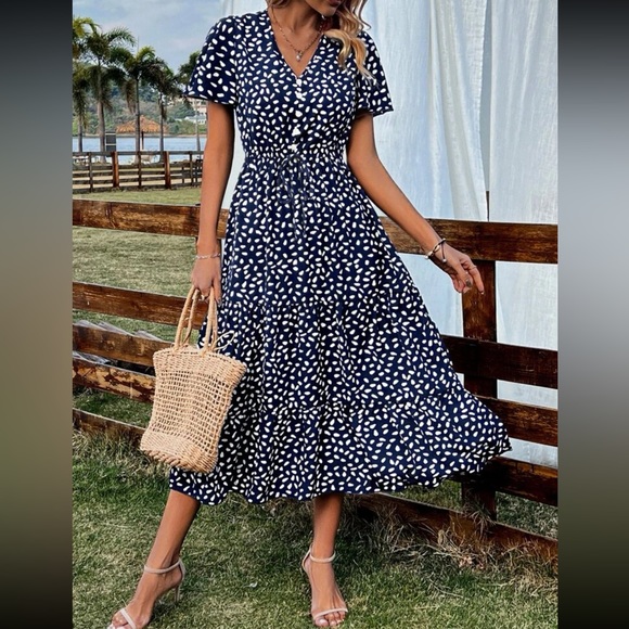 Boho Dalmatian print tie waist ruffle hem dress - Picture 2 of 6